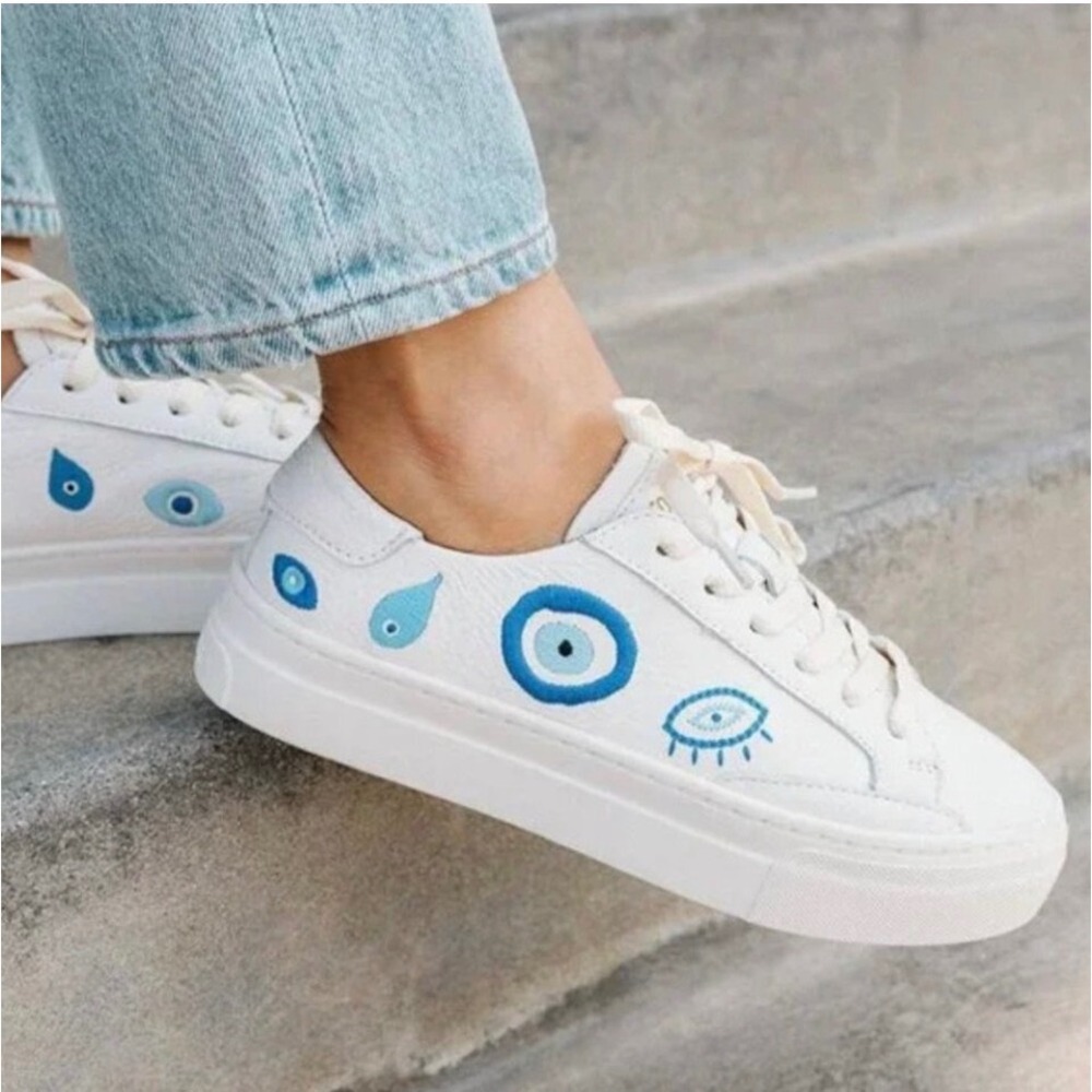 SOLUDOS Ibiza Platform Sneaker White Leather Blue Evil Eye Size 7.5 / 38